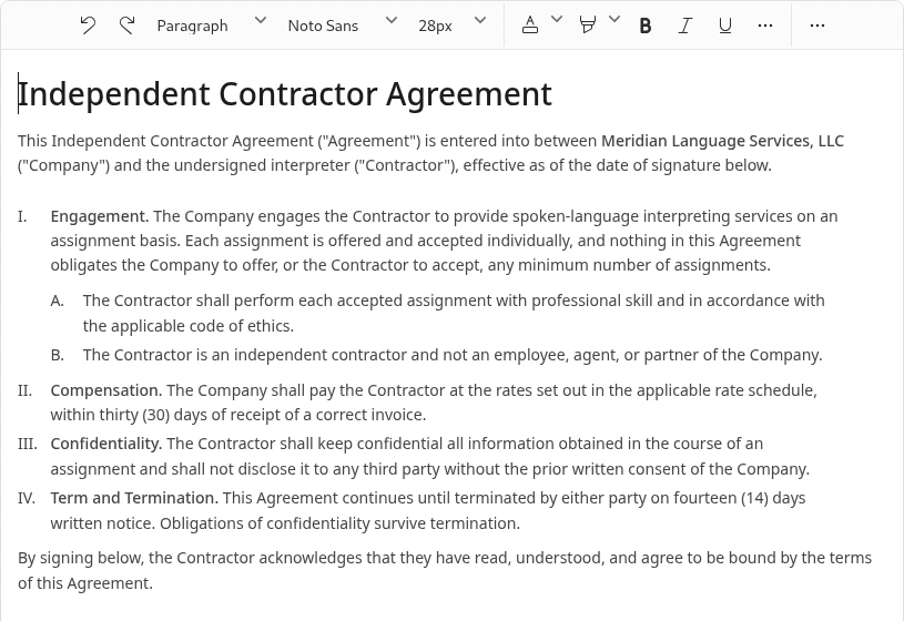 An Independent Contractor Agreement open in the Flow Docs editor, its headings and numbered legal clauses preserved after importing from Word.