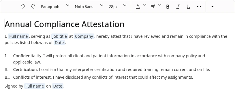 A Flow Docs template in the editor with merge fields such as Full name, Job title, Company, and Date shown as movable placeholder chips inside the text.