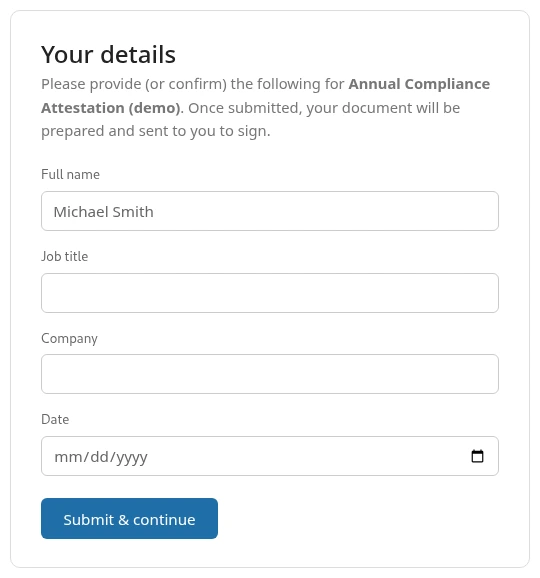 A recipient intake form asking for Full name, Job title, Company, and Date, so a person can supply their own missing details before signing.
