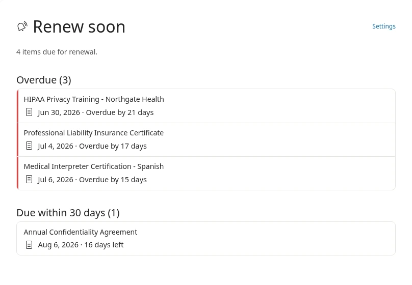 The Renew soon view in Flow Docs, listing compliance documents grouped by how soon they are due, with overdue items highlighted.