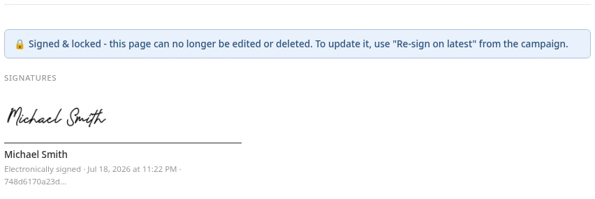 A signed document in Flow Docs, showing a Signed and locked banner and the handwritten-style signature of Michael Smith with the date signed and an audit fingerprint.